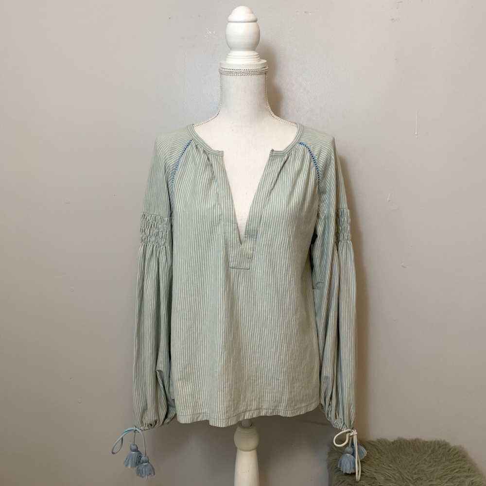FRYE Stripe Smock Slub Stone Blue V-neck Top